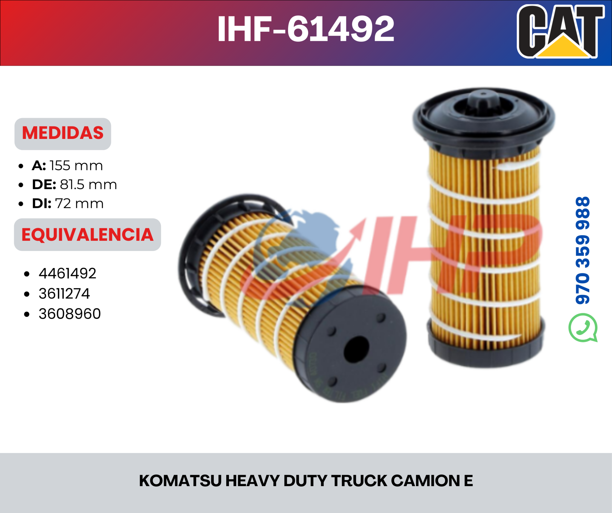 IHF-61492 / FILTRO DE COMBUSTIBLE KOMATSU HEAVY DUTY TRUCK CAMION E ...